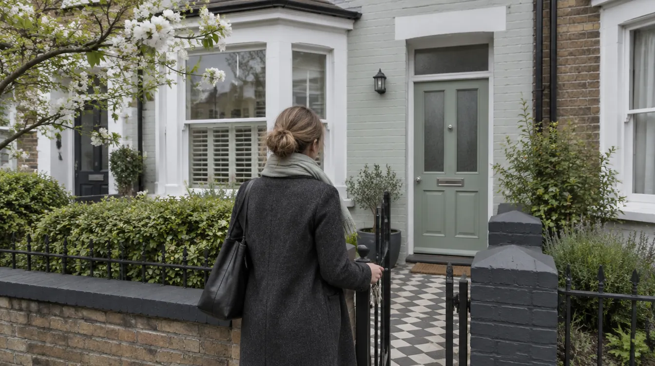 A landlord with a set of keys opens the gate of a tidy terraced house with a sage-green front door.